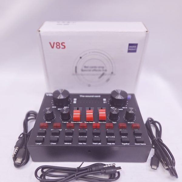 V8S Podcast recording sound card with 2 Microphone port, PC usb record, Phone jack record , Bluetooth connect, Inbuilt sound effects