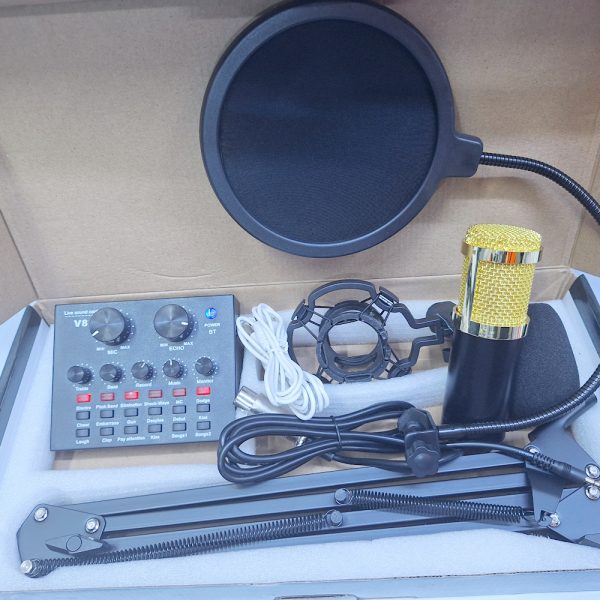 Professional condenser Podcast microphone with Arm stand, V8 sound card, Pop filter