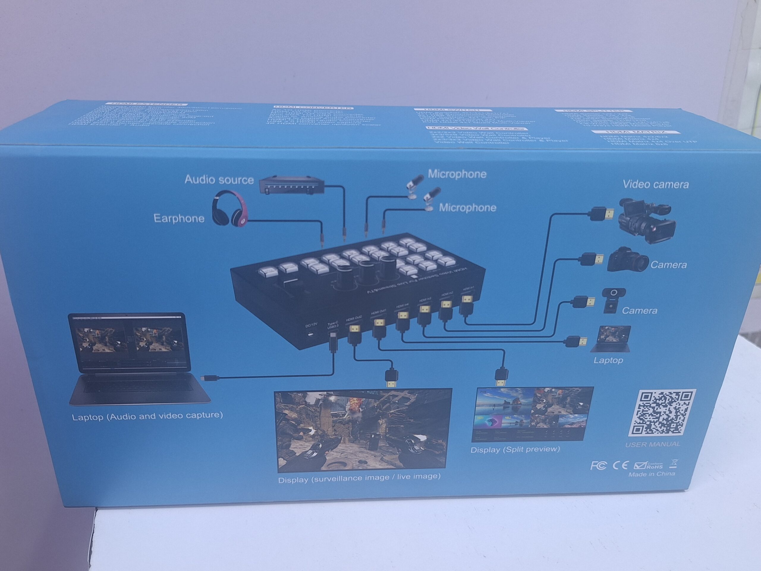 Video switcher for livestream 4 camera input HDMI, 2 audio line, 2 HDMI out, 2 Microphone line