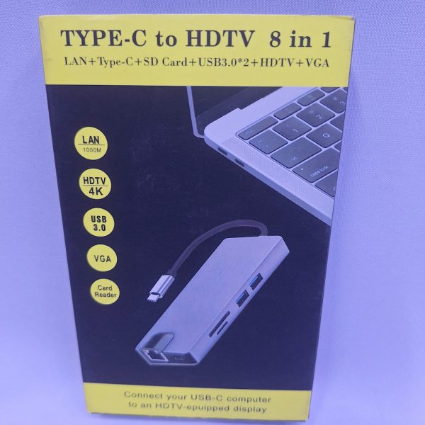 High speed 4k Type C hub 8 in 1 ports 1 Type C PD,hdmi 4k, Lan Rj45, 2 usb port, 1 vga port & SD card reader